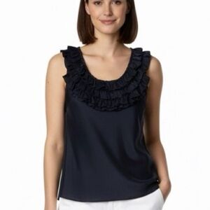 𝅺BANANA REPUBLIC 100% Silk Navy Blue Ruffle Bib Tank Top Fully Lined US Sz S